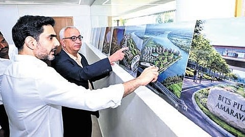 Minister for HRD and IT Nara Lokesh on Friday reviewed the construction plans of the proposed AI Plus campus of BITS (Pilani) coming up in Amaravati.