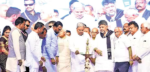 Chief Minister Siddaramaiah and DCM DK Shivakumar at the foundation stone programme in Bagalkot on Saturday | Express
