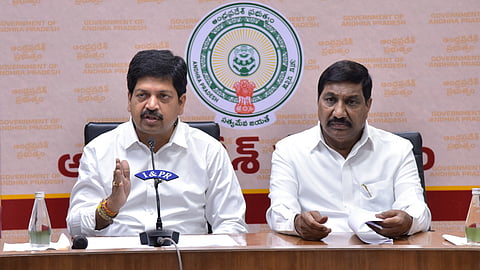 Ministers Kollu Ravindra and BC Janardhan Reddy addressing the media on Friday.