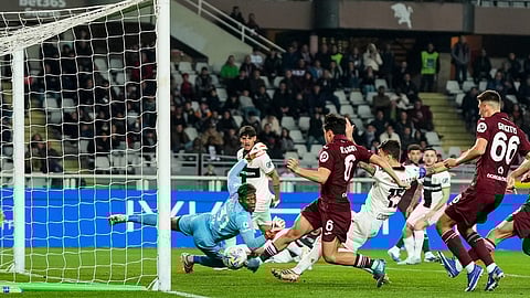 Torino's Emirhan Ilkhan (6) scores their second goal during the Serie A soccer match between Torino FC and Parma, Friday, March 13, 2026, in Turin, Italy.