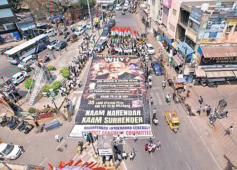 Congress workers protest in Hyderabad on Saturday, accusing Prime Minister Narendra Modi of failing to prevent LPG shortage amid the West Asia war.