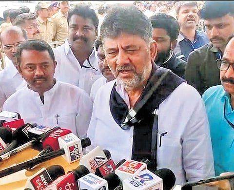 Deputy Chief Minister DK Shivakumar addresses the media in Bagalkot on Saturday.