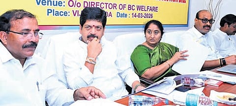 Ministers S Savitha, Kollu Ravindra and K Atchannaidu at a meeting with officials on Saturday. BC Welfare Secretary S Satyanarayana is also seen.