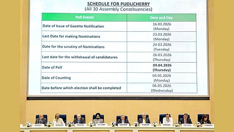 Chief Election Commissioner Gyanesh Kumar, centre, with Election Commissioners S S Sandhu and Vivek Joshi during a press conference to announce the Assembly election schedule for West Bengal, Tamil Nadu, Kerala, Assam and Puducherry, at Vigyan Bhawan in New Delhi, Sunday, March 15, 2026.