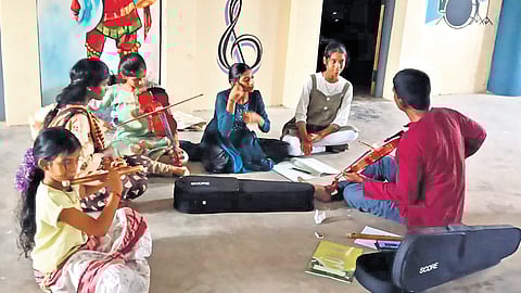 Students attend a music class at Performing Arts Academy in Nagapattinam.