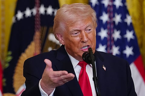 President Donald Trump speaks at a women's history month event in the East Room at the White House, Thursday, March 12, 2026, in Washington.