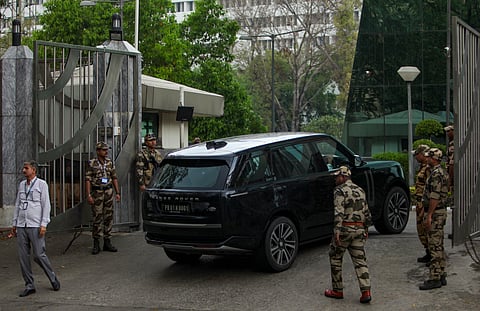 Tamilaga Vettri Kazhagam (TVK) president and actor Vijay arrives at the CBI headquarters for questioning in connection with the 2025 Karur stampede case, in New Delhi, Sunday, March 15, 2026.