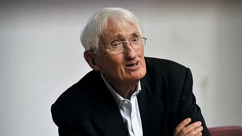 German philosopher Juergen Habermas speaking to journalists in an auditorium of the Philosophical School of Athens in 2013