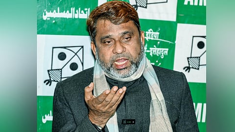 All India Majlis-e-Ittehadul Muslimeen (AIMIM) Bihar President Akhtarul Iman addresses a press conference at the party office in Patna.