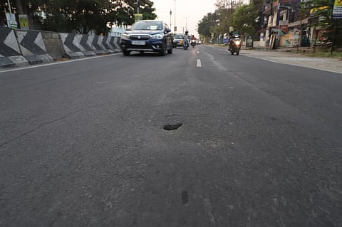 A small crater has appeared on the Nanjundapuram Road in the city once again.