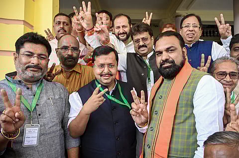 Bihar Deputy Chief Minister Samrat Choudhary, right front, with BJP National President and NDA candidate Nitin Nabin, centre front, during voting in the Rajya Sabha polls, at Vidhan Sabha in Patna, Monday, March 16, 2026.