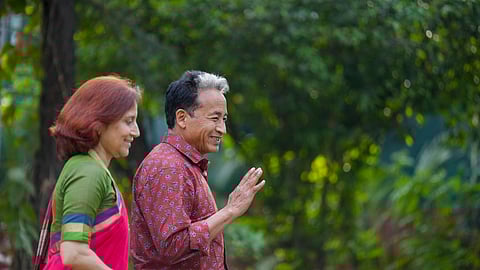 Climate activist Sonam Wangchuk with spouse Gitanjali J Angmo during a press conference, in New Delhi, Tuesday, March 17, 2026.