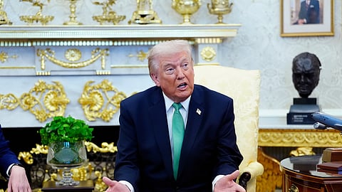President Donald Trump speaks during a meeting with Irish Prime Minister Micheál Martin in the Oval Office of the White House, on St. Patrick's Day, Tuesday, March 17, 2026, in Washington.