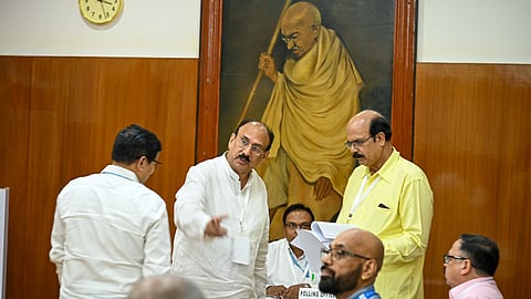 BJD's Rajya Sabha candidates Santrupt Misra and Dr Datteswar Hota during voting at the State Assembly in Bhubaneswar.