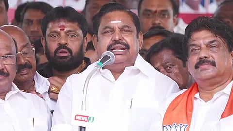 AIADMK General Secretary Edappadi K Palaniswami addresses a protest rally in Chennai on Tuesday, March 17, 2026.
