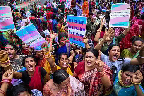 Transgenders protest against Transgender Persons (Protection of Rights) Amendment Bill, 2026 at Mahatma Gandhi Marg in Bhubaneswar.