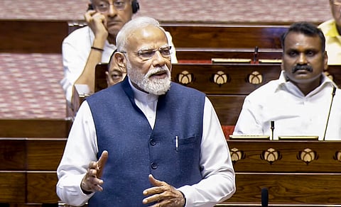 Prime Minister Narendra Modi speaks in the Rajya Sabha during the second part of the Budget session of Parliament, in New Delhi, Wednesday, March 18, 2026.