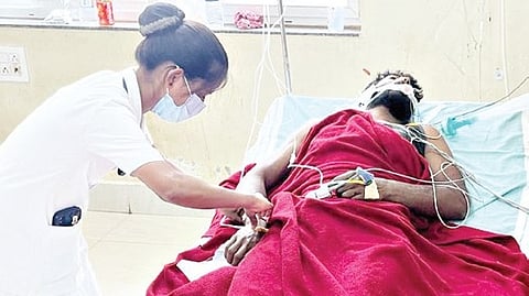One of the four victims undergo treatment at KMC-RI in Hubballi
on Tuesday.