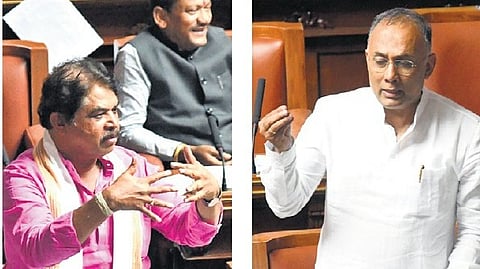 (Left) LoP in Assembly R Ashoka and Health and Family Welfare Minister Dinesh Gundu Rao make their points in the Assembly on Tuesday.
