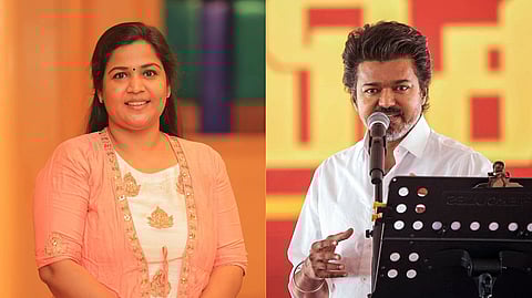 Actor-politician Ranjana Nachiyaar and Tamilaga Vettri Kazhagam (TVK) chief Vijay.