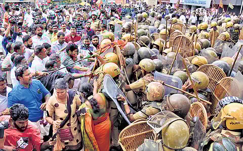 Police and BJP workers clash during the latter’s protest in connection with the Sabarimala women’s entry issue in 2018.