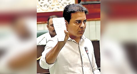 BRS working president KT Rama Rao and IT and Industries Minister D Sridhar Babu speak during the third day of the Budget session of the Legislative Assembly.