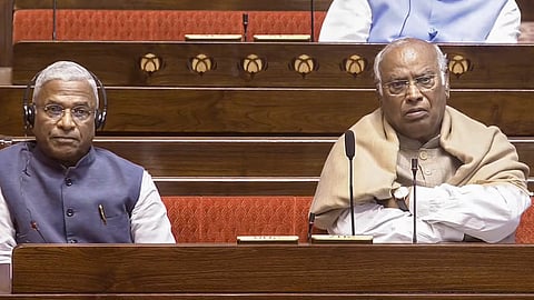 LoP in the Rajya Sabha and Congress President Mallikarjun Kharge in the House during the second part of the Budget session of Parliament, in New Delhi, Wednesday, March 18, 2026.