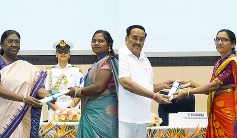 Anitha (L) and Channamma receiving awards at the Jal Mahotsava 2026.