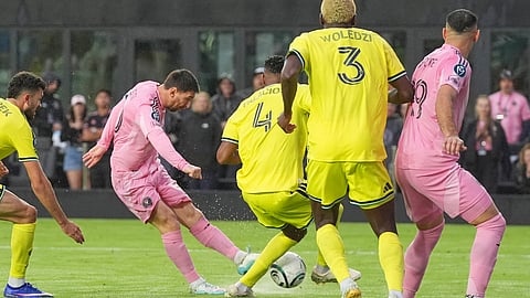 Inter Miami forward Lionel Messi (10) aims to score his 900th goal during a CONCACAF Champions Cup Round of 16 soccer match against Nashville, Wednesday, March 18, 2026, in Fort Lauderdale, Fla.