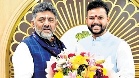 DCM DK Shivakumar greets Aviation Minister Ram Mohan Naidu in New Delhi on Wednesday.