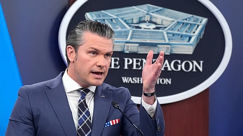US Defense Secretary Pete Hegseth speaks to members of the media during a press briefing at the Pentagon in Washington, Thursday, March 19, 2026.