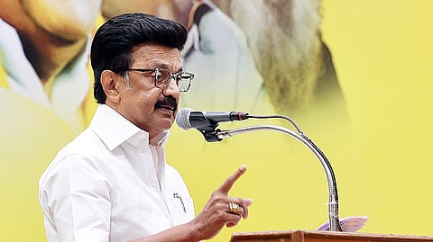 DMK President and Tamil Nadu Chief Minister MK Stalin speaks during the meeting of DMK district secretaries at Anna Arivyalayam, in Chennai, March 16, 2025.