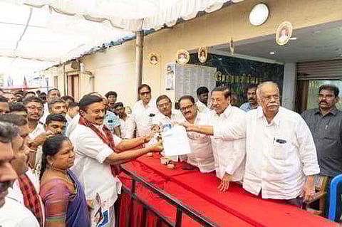 20.03.2026: Tiruppur : TN Minister MP Saminathan, who recently filed willing applications to contest from the Kangayam constituency. (For Srinivasan's story). / Express.