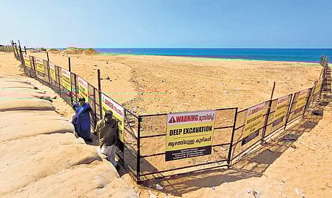 Entry to Shankhumukham Beach has been temporarily closed with barricades and warning signs restricting public access along the shoreline.