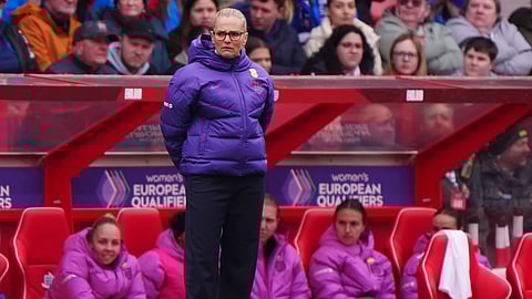 England manager Sarina Wiegman stands on the touchline during the FIFA Women's World Cup UEFA Qualifier match between England and Iceland at the City Ground, in Nottingham, England, Saturday, March 7, 2026.