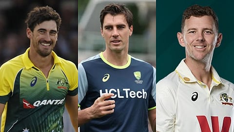 Mitchell Starc (L), Pat Cummins and Josh Hazlewood