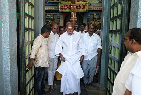 Puducherry Chief Minister N Rangasamy of AINRC at Kathirkamam Kathirvel Swamy Murugan Temple on Friday.