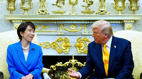 US President Donald Trump speaks with Japan's Prime Minister Sanae Takaichi in the Oval Office of the White House on Thursday, March 19, 2026, in Washington.