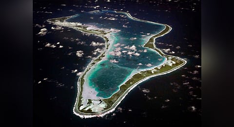 This image released by the US Navy shows an aerial view of Diego Garcia in the Chagos Island group.