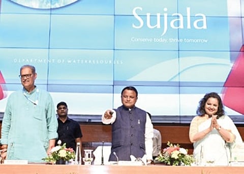 Chief Minister Mohan Charan Majhi releasing the River Atlas of Odisha in presence of dy CM KV Singh Deo.