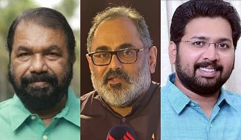 inister V Sivankutty (L), BJP state chief Rajeev Chandrasekhar (C) and K S Sabarinadhan