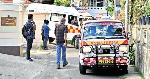 Bodies of the family that died by suicide at Vaduthala being taken to Ernakulam General Hospital for a postmortem examination.