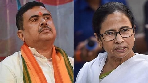 BJP leader Suvendu Adhikari (L) and West Bengal Chief Minister Mamata Banerjee (R).