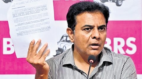 BRS working president KT Rama Rao addresses the media on Saturday.
