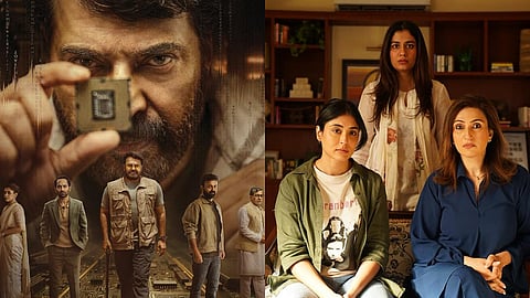 A poster for Mammootty-Mohanlal's Patriot (L) and a still from The Great Shamsuddin Family (R)