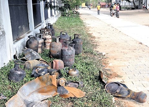 LPG cylinders explode during refilling in the shop at Ghatika in Bhubaneswar on Saturday.