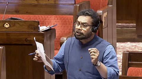 CPI (M) MP John Brittas speaks in the Rajya Sabha during the second part of the Budget session of Parliament, in New Delhi, Monday, March 23, 2026.
