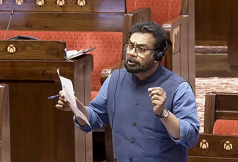 CPI (M) MP John Brittas speaks in the Rajya Sabha during the second part of the Budget session of Parliament, in New Delhi, Monday, March 23, 2026.
