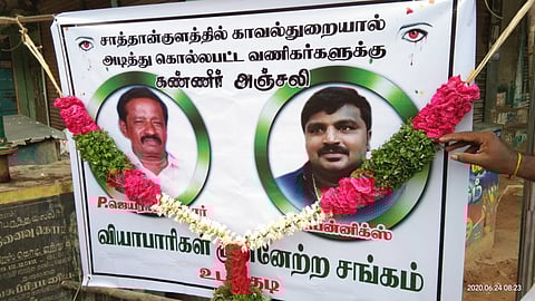 In this photo from June 25, 2020, an obituary poster condoles the death of Jayaraj and his son Bennix in Thoothukudi.