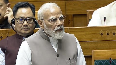 Prime Minister Narendra Modi addresses the Lok Sabha during the 2026 Parliament Budget Session on Monday, March 23, 2026.